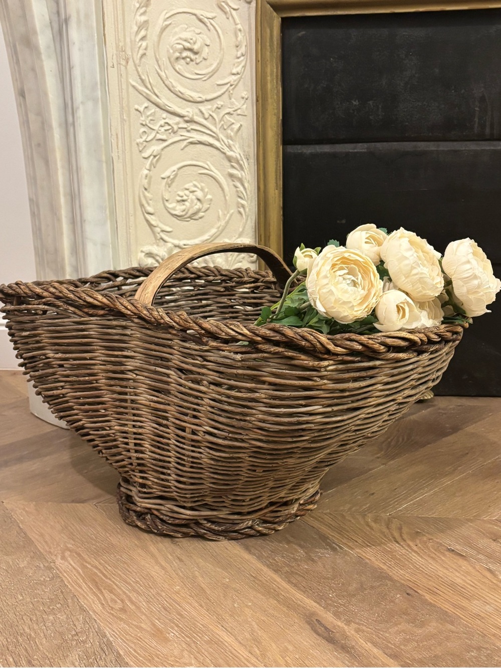Antique French Market Basket with Bentwood Handle Beautiful Farmhouse Large